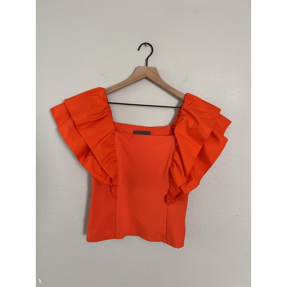 Anthropologie Sunday in Brooklyn Ruffled Sleeve Top Orange Preppy Boho Sz M